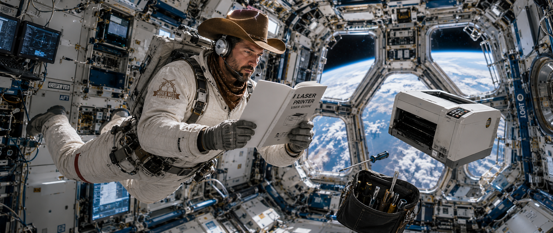 Cowboy astronaut troubleshooting a floating printer inside a space station