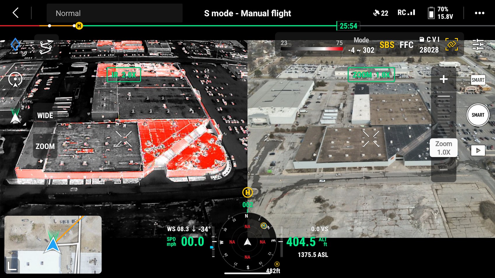 Drone thermal roof imaging screenshot showing a commercial roof with side-by-side thermal and visual camera view