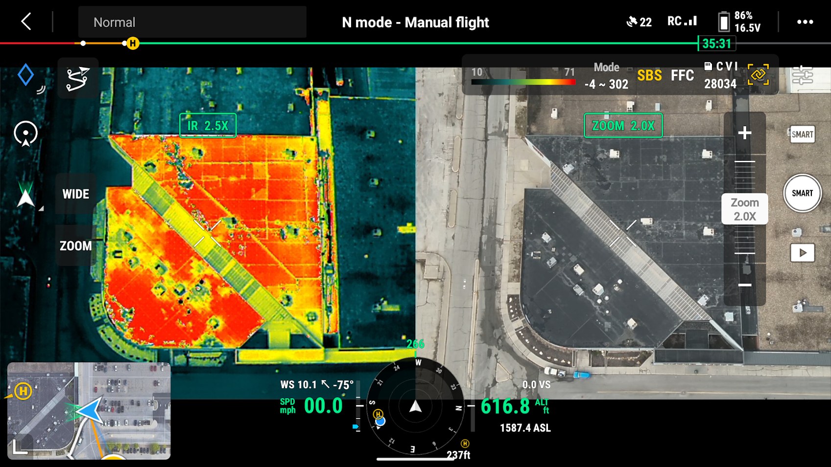 Top-down drone thermal roof imaging screenshot showing roof temperature differences on a large commercial building