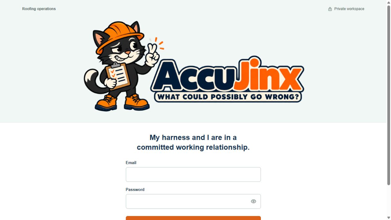 AccuJinx private roofing operations sign-in page with its black-cat roofer mascot and What could possibly go wrong branding