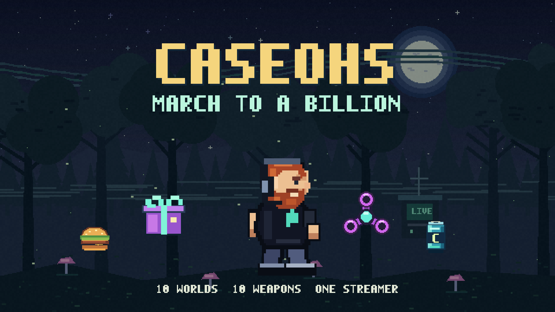 CaseOh’s March to a Billion title artwork with a pixel-art streamer, gifts, snacks, and game power-ups