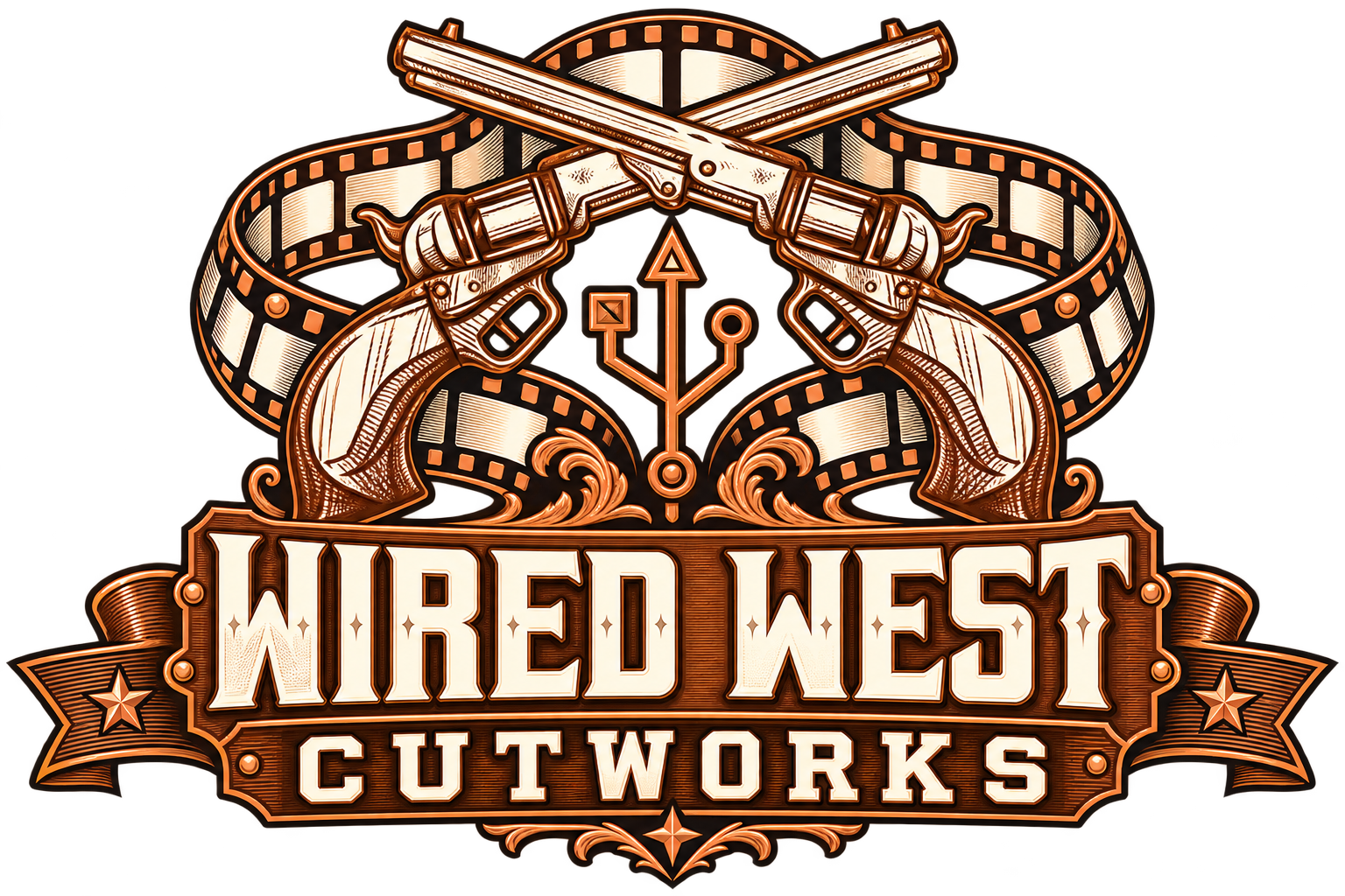 Wired West Cutworks approved copper and cream logo with crossed revolvers, a USB trident, and an interlaced film ribbon