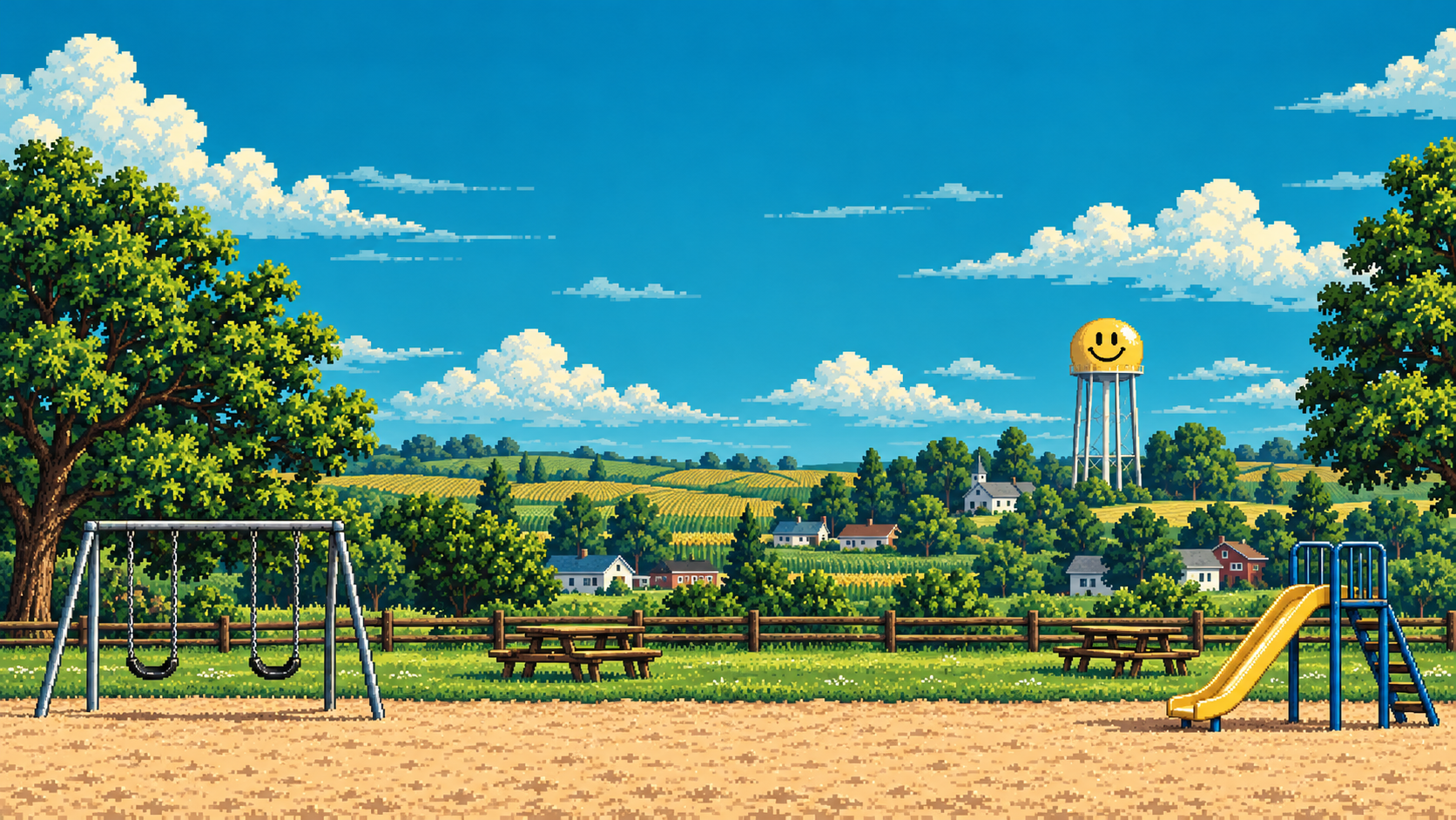 Pixel-art Adair playground with swings, a slide, Iowa farmland, and the yellow smiley-face water tower